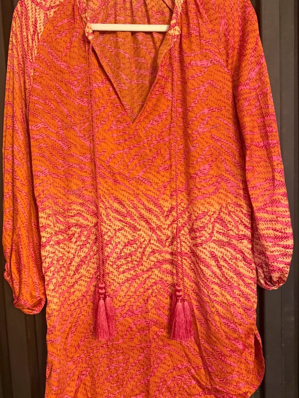 Bright Orange & Pink V-Neck Tassel Women's Tunic dress